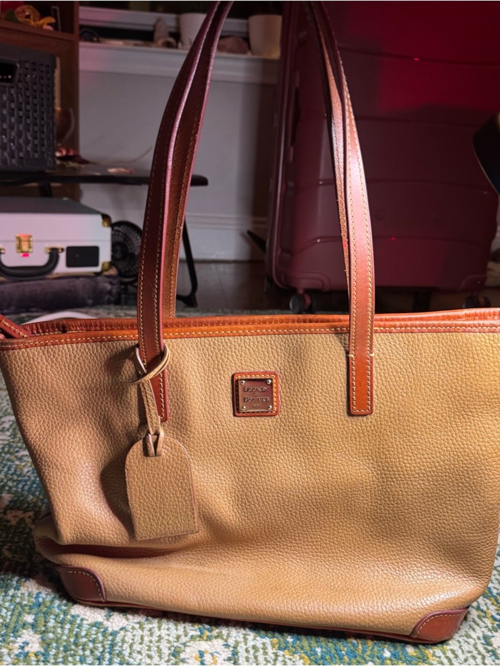 Dooney & Bourke ~large~ Pebbled Leather Shoulder Bag in Tan with Brown Trim